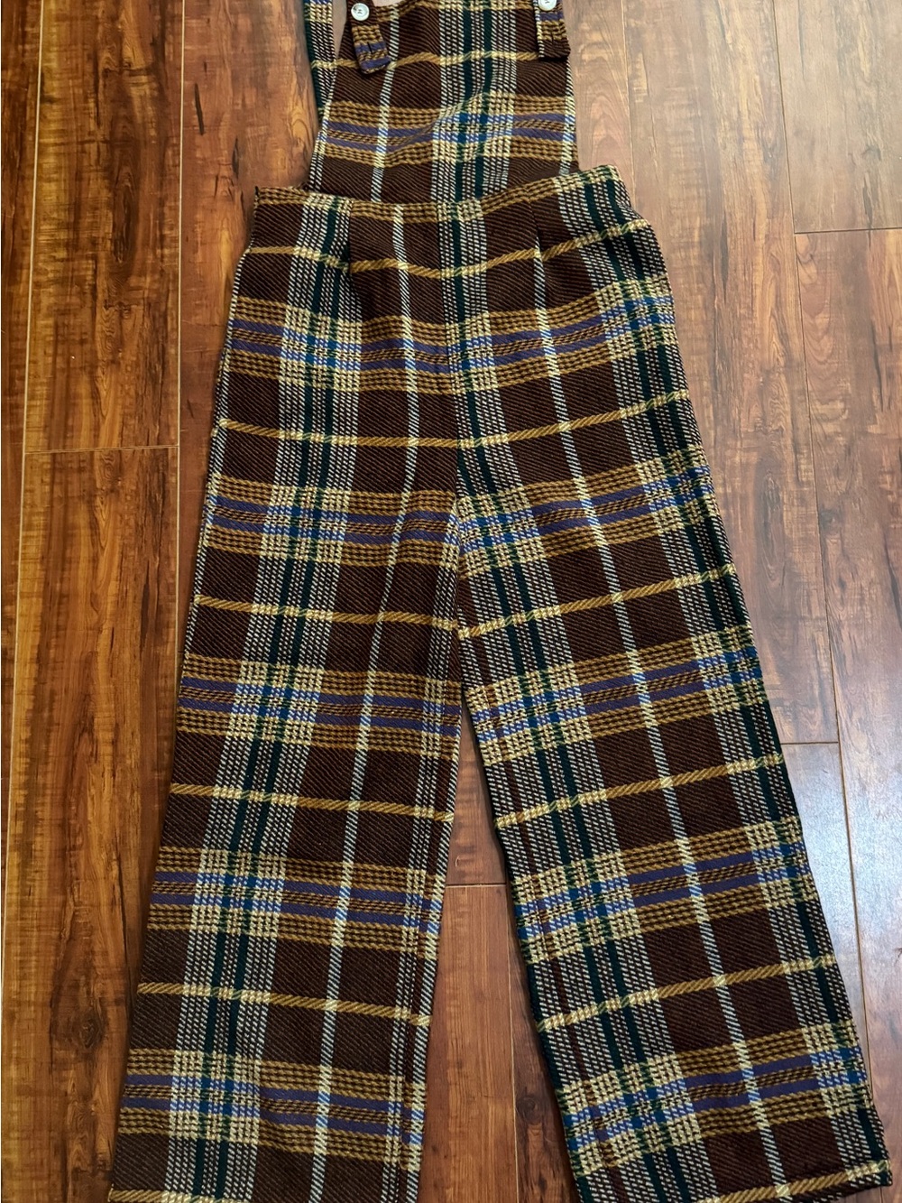 Cider Brown Plaid Knit overalls with Green and Orange Accents